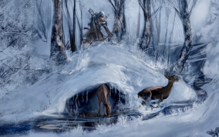 assasinand039s, Creed, 3, Connor, Art, Paintings, Video, Games, Landscapes, Hunting, Sports, Deer, Nature, Winter, Snow, Stream, Rivers, Weapons, Bow, Archer, Warriors HD Wallpaper Desktop Background