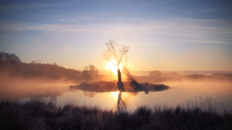 landscapes, Lakes, Reflection, Fog, Mist, Dawn, Morning, Sky HD Wallpaper Desktop Background