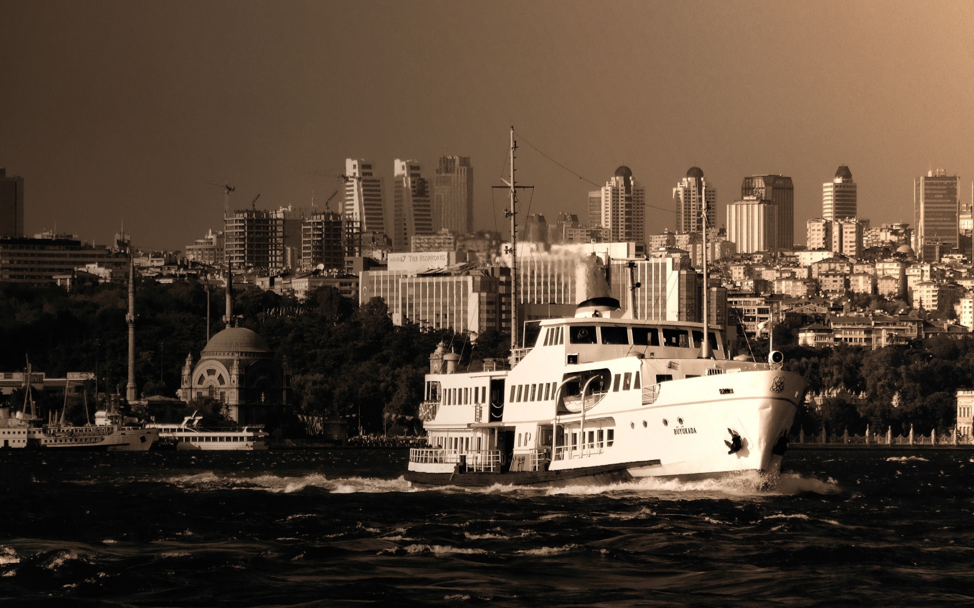 ships, Turkey, Istanbul, Bosphorus, Cruise, Boats, Sepia, Cities, Architecture, Buildings, Skyline, Cityscape, Bay, Harbor, Water, Sailing Wallpaper