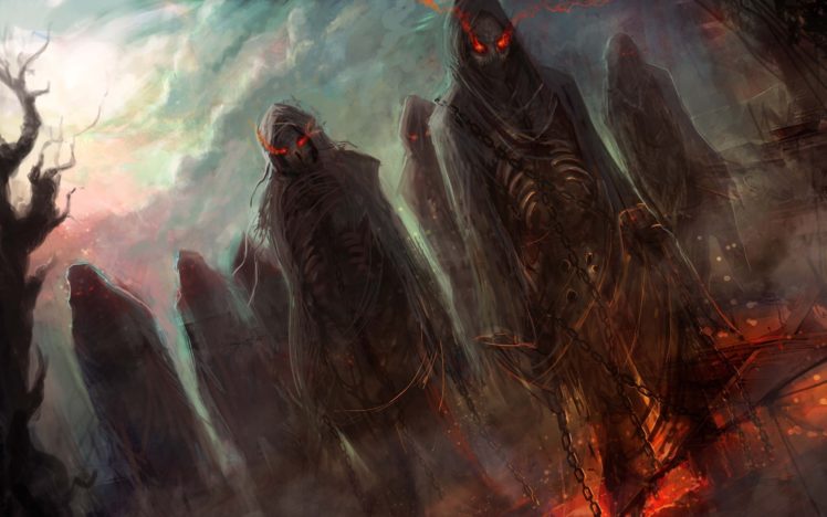 dark, Horror, Evil, Fantasy, Art, Demons, Hell, Skeletons, Skulls, Eyes, Glow, Fire, Chains, Halloween HD Wallpaper Desktop Background