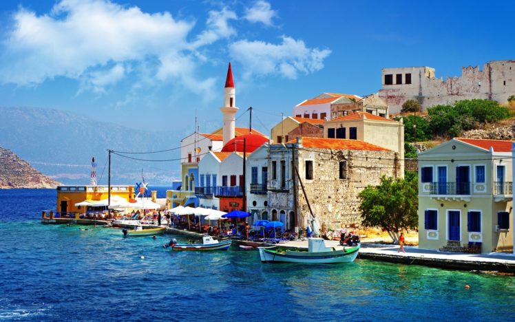 greece, Architecture, Buildings, Houses, Islands, Boats, Church, Sky, Clouds, Town HD Wallpaper Desktop Background