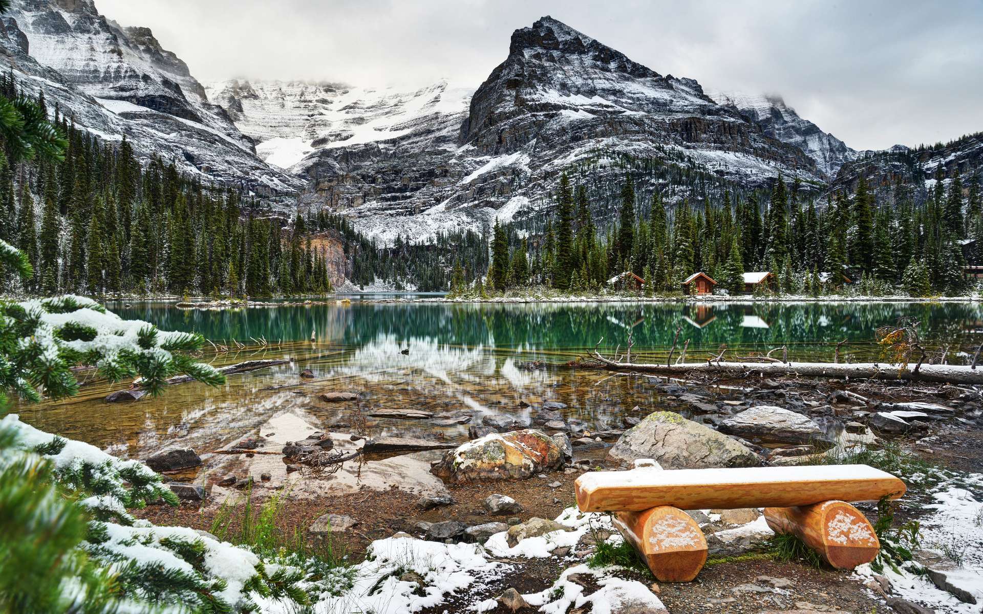 landscapes, Reflection, Trees, Forest, Woods, Bench, Snow, Winter, Sky Wallpaper