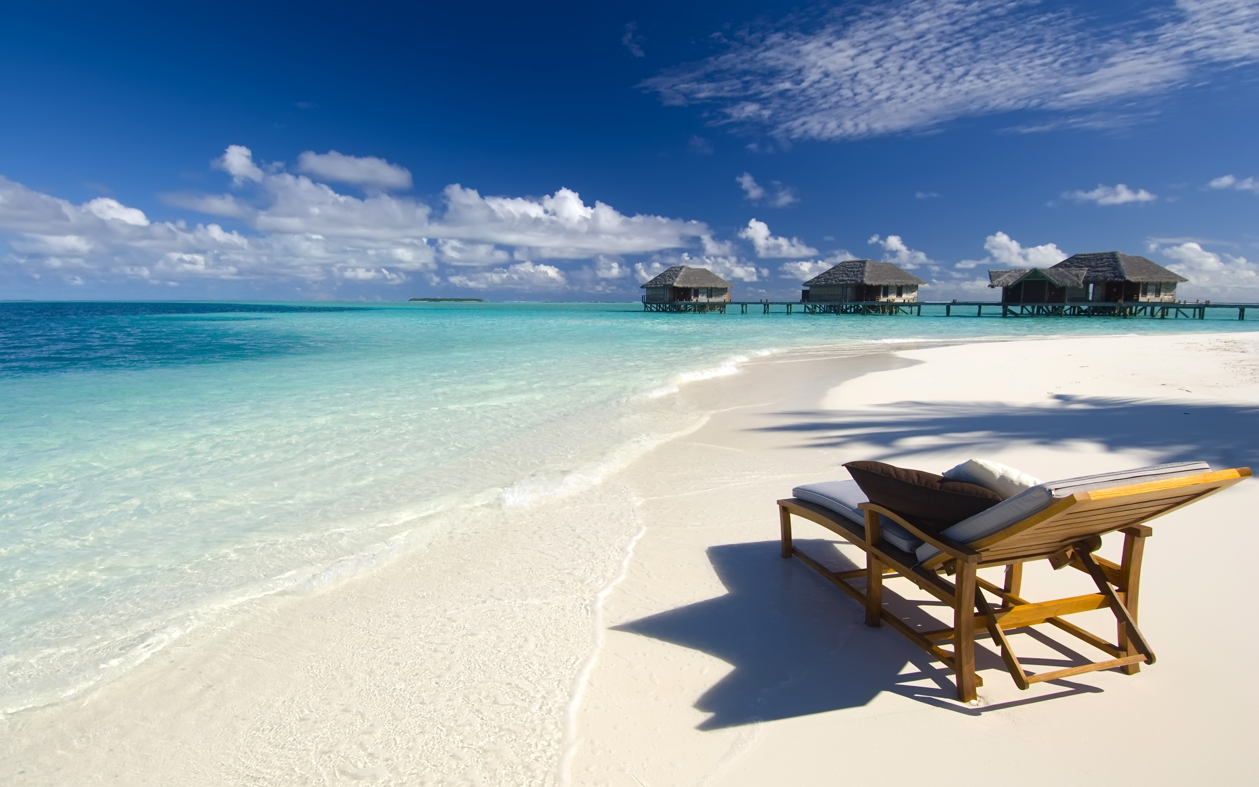 maldives, Conrad, Beach, Ocean, Sea, Seascape, Resort, Cabin, Houses, Dock, Pier, Tropical, Vacation, Chair, Waves, Sky, Clouds Wallpaper