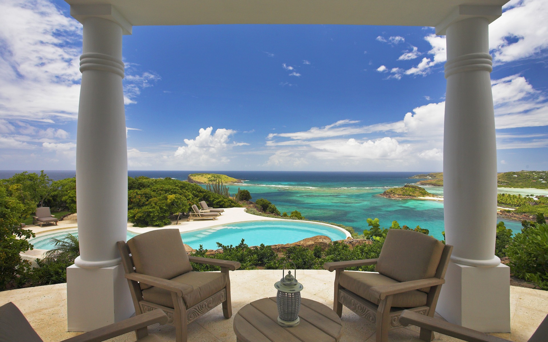 terrace, Columns, Resort, Vacation, Interior, Design, Tropical, Ocean, Sea, Beaches, Pool, Sky, Clouds Wallpaper