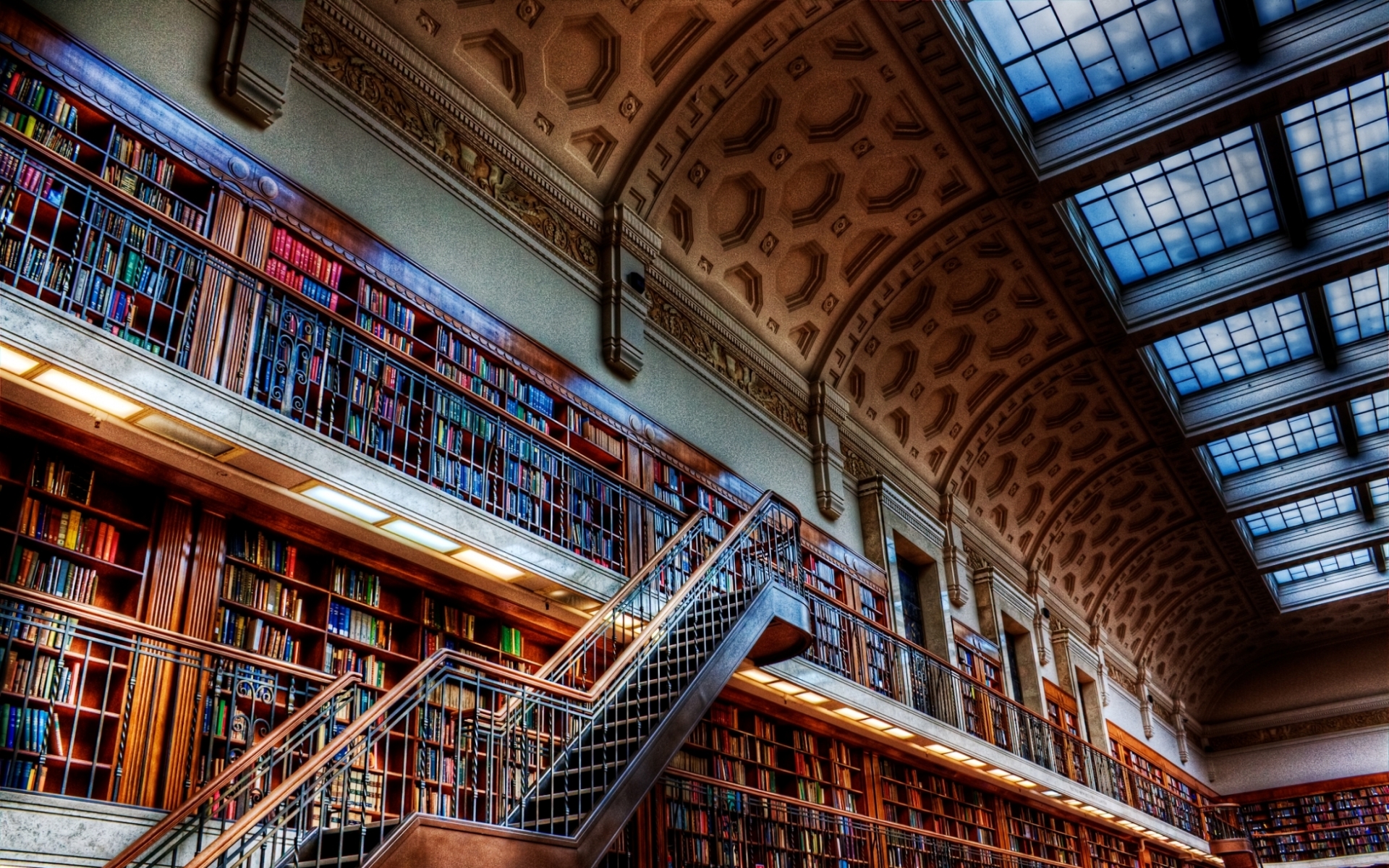hdr, Library, Room, Interior, Design, College, Books, Stairs, Learn, Windows, Retro, Wood Wallpaper
