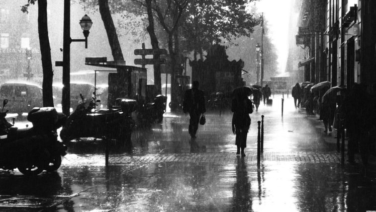 paris, France, Storm, Rain, Wet, Water, Monochrome, Black, White, Cities, Sidewalk, People, Urban, Buildings HD Wallpaper Desktop Background