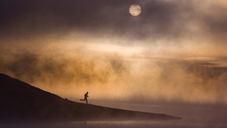 moon, Silhouettes, Fog, California, Running, Lakes HD Wallpaper Desktop Background