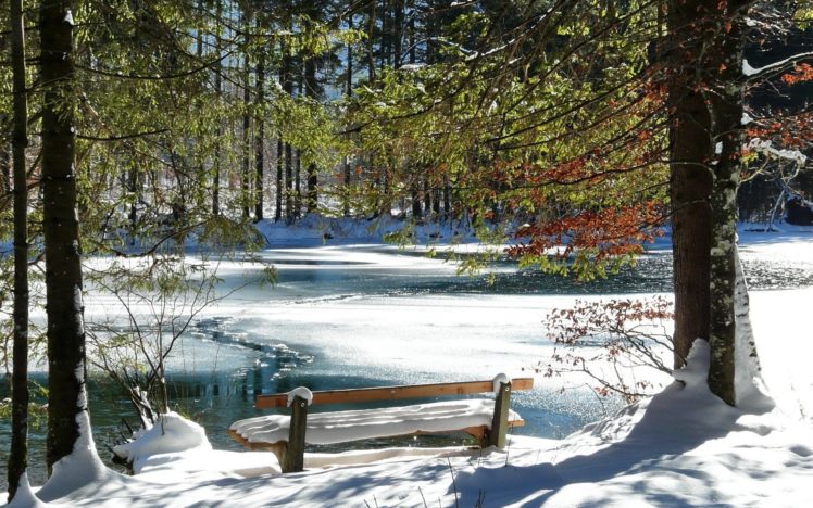 ice, Landscapes, Nature, Snow, Coast, Trees, Spring, Bench HD Wallpaper Desktop Background