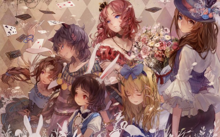 cards, Dress, Flowers, Blue, Eyes, Redheads, Patterns, Nekomimi, Red, Eyes, Hats, Anime, Girls HD Wallpaper Desktop Background