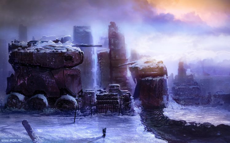 x, Romantically, Apocalyptic, Fantasy, Sci fi, City, Ruins, Weapon, Gun, Winter HD Wallpaper Desktop Background