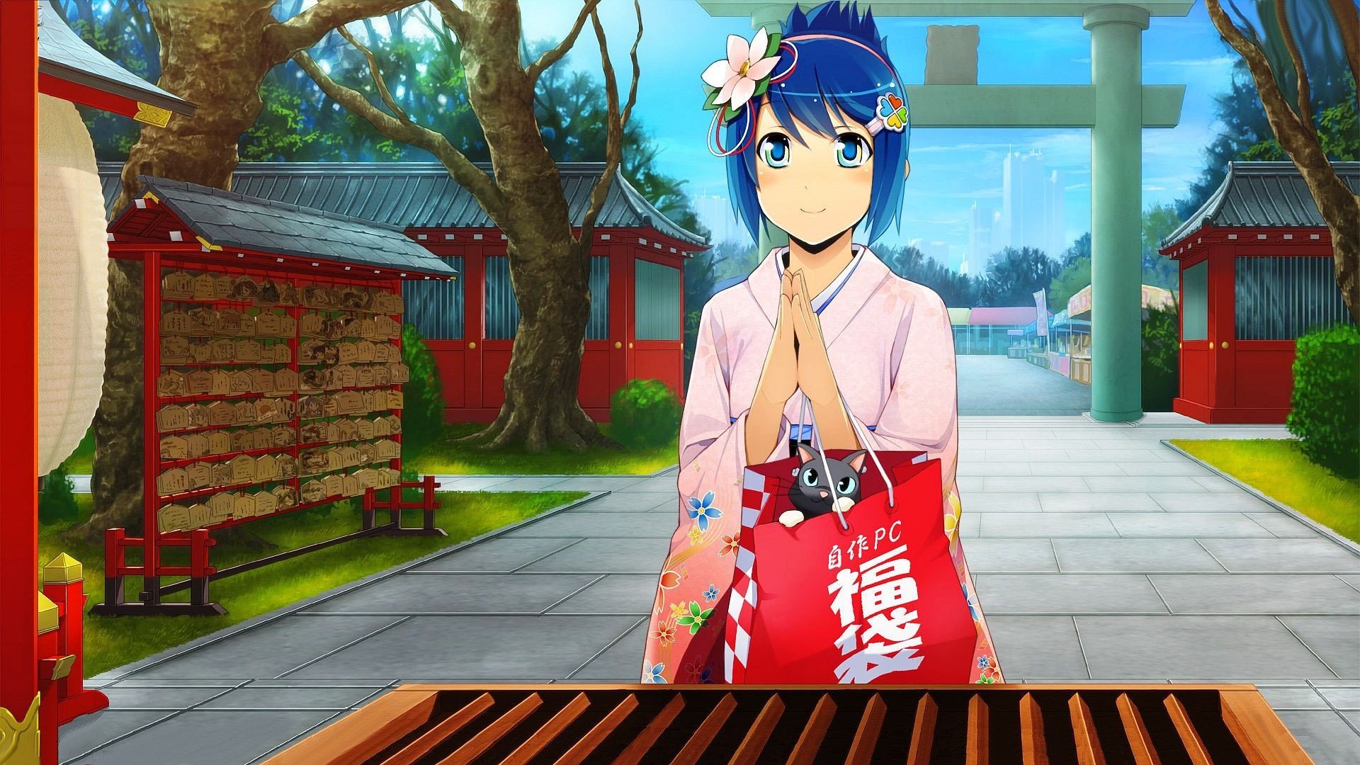Windows 7 Cats Tan Blue Hair Microsoft Praying Madobe Nanami Smiling Os Tan Japanese Clothes Anime Girls Wallpapers Hd Desktop And Mobile Backgrounds
