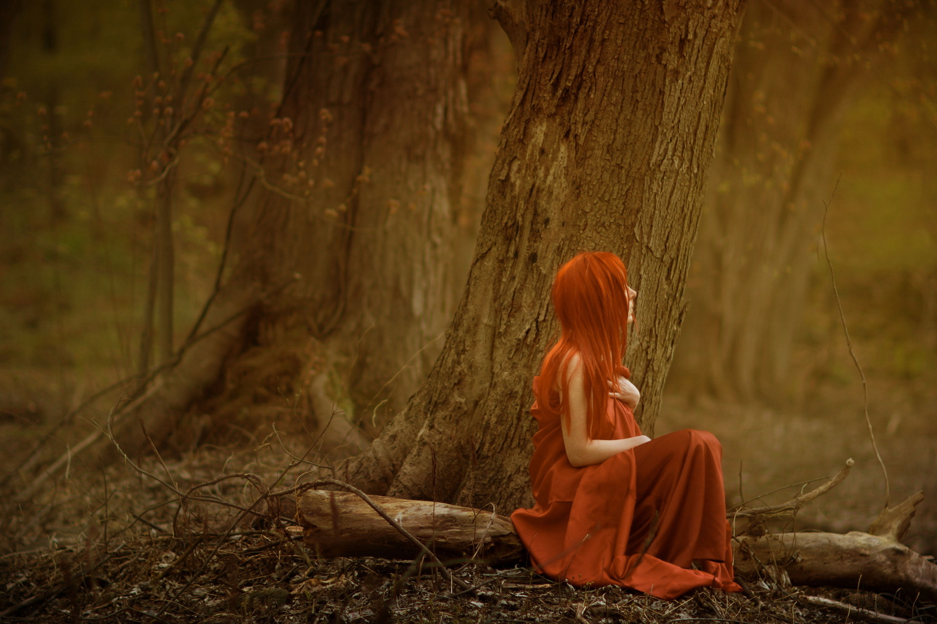 Mood Waiting Alone Women Models Redhead Trees Forest Woods Girl Wallpapers HD Desktop
