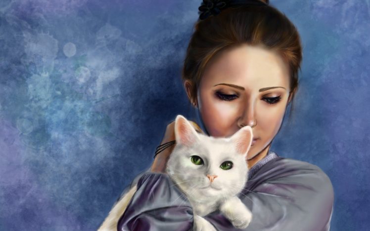 women, Cats, Animals, Artwork HD Wallpaper Desktop Background