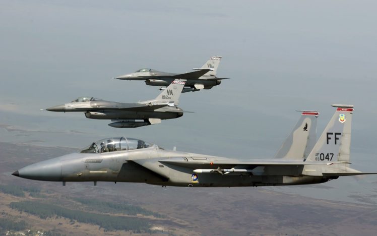 war, Airplanes, F 15, Eagle, F 16, Fighting, Falcon HD Wallpaper Desktop Background