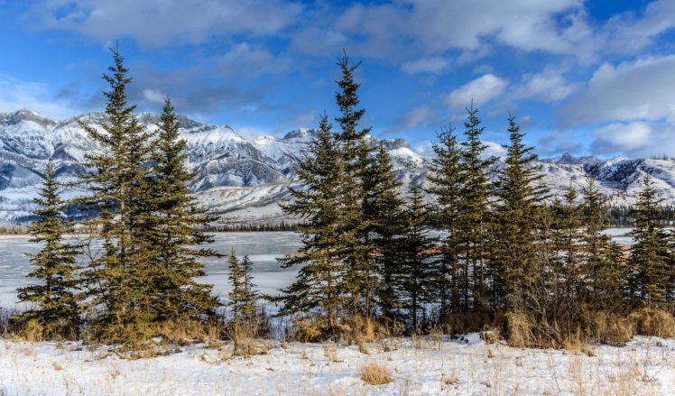 canada, Alberta, Jasper, Winter, Snow, Lake, River, Mountains HD Wallpaper Desktop Background