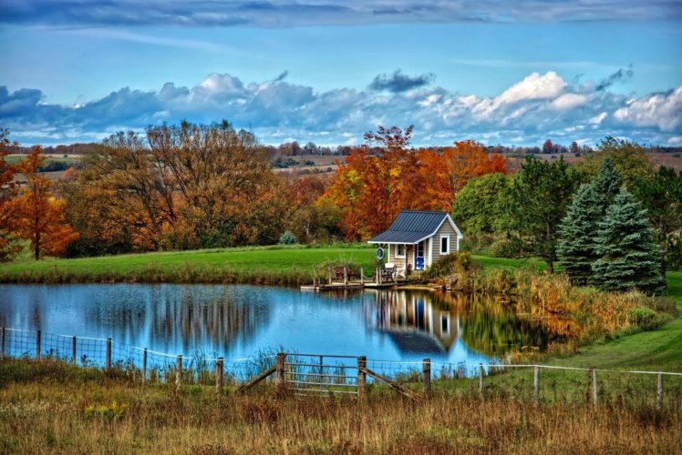 landscape, Nature, Autumn, Lake, House, Clouds, Trees HD Wallpaper Desktop Background
