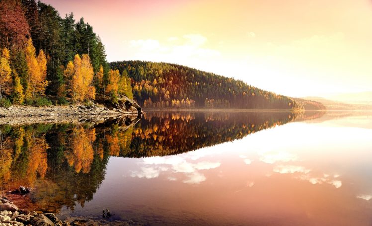 nature, Landscape, Autumn, Sunset, Evening, Lake, River, Reflection HD Wallpaper Desktop Background