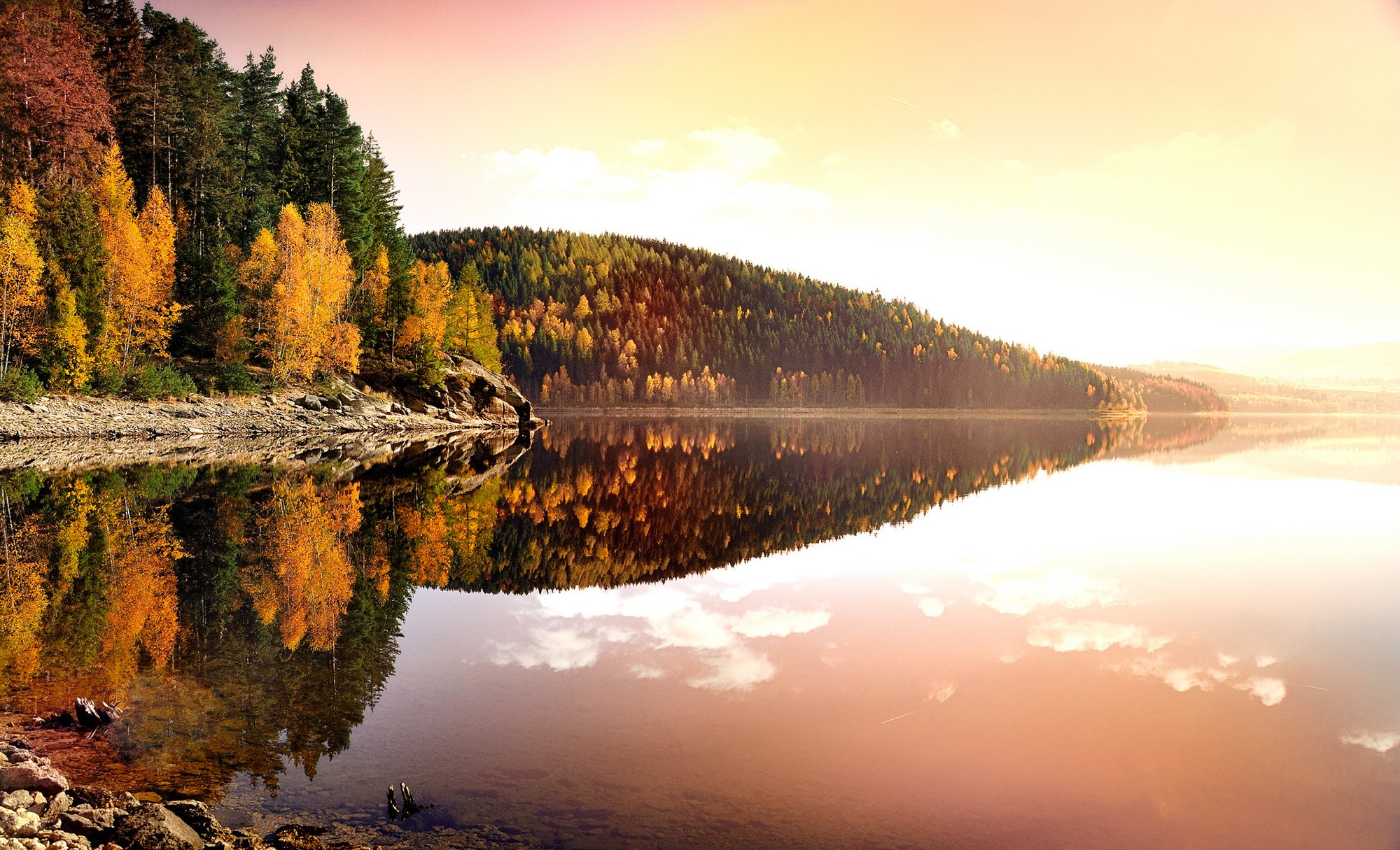 nature, Landscape, Autumn, Sunset, Evening, Lake, River, Reflection Wallpaper