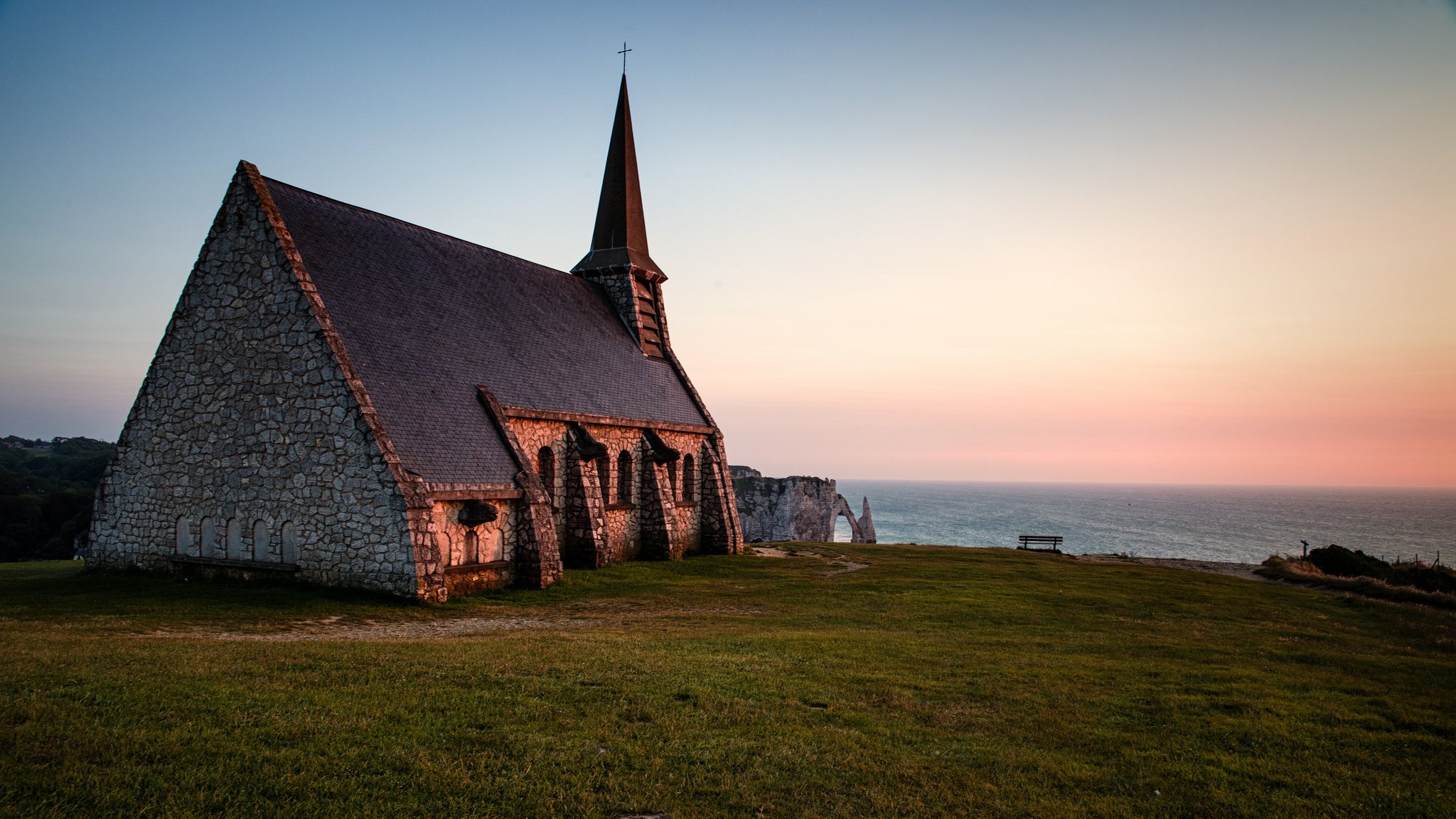 normandy, Chapelle, Notre dame, De, La, Garde, Church, Religion, Ocean, Sea Wallpaper