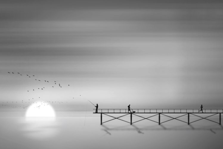 silhouette, Sun, Dock, Birds, People, Mood, Fishing, Bokeh HD Wallpaper Desktop Background