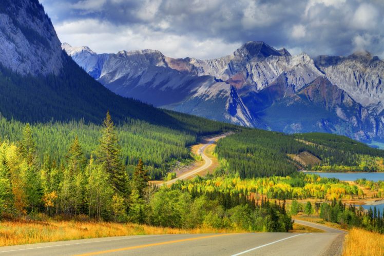 abraham, Lake, Banff, Alberta, Canada, Sky, Mountain, Lake, Forest, Trees, Autumn, Road, Sky, Clouds, Clouds HD Wallpaper Desktop Background