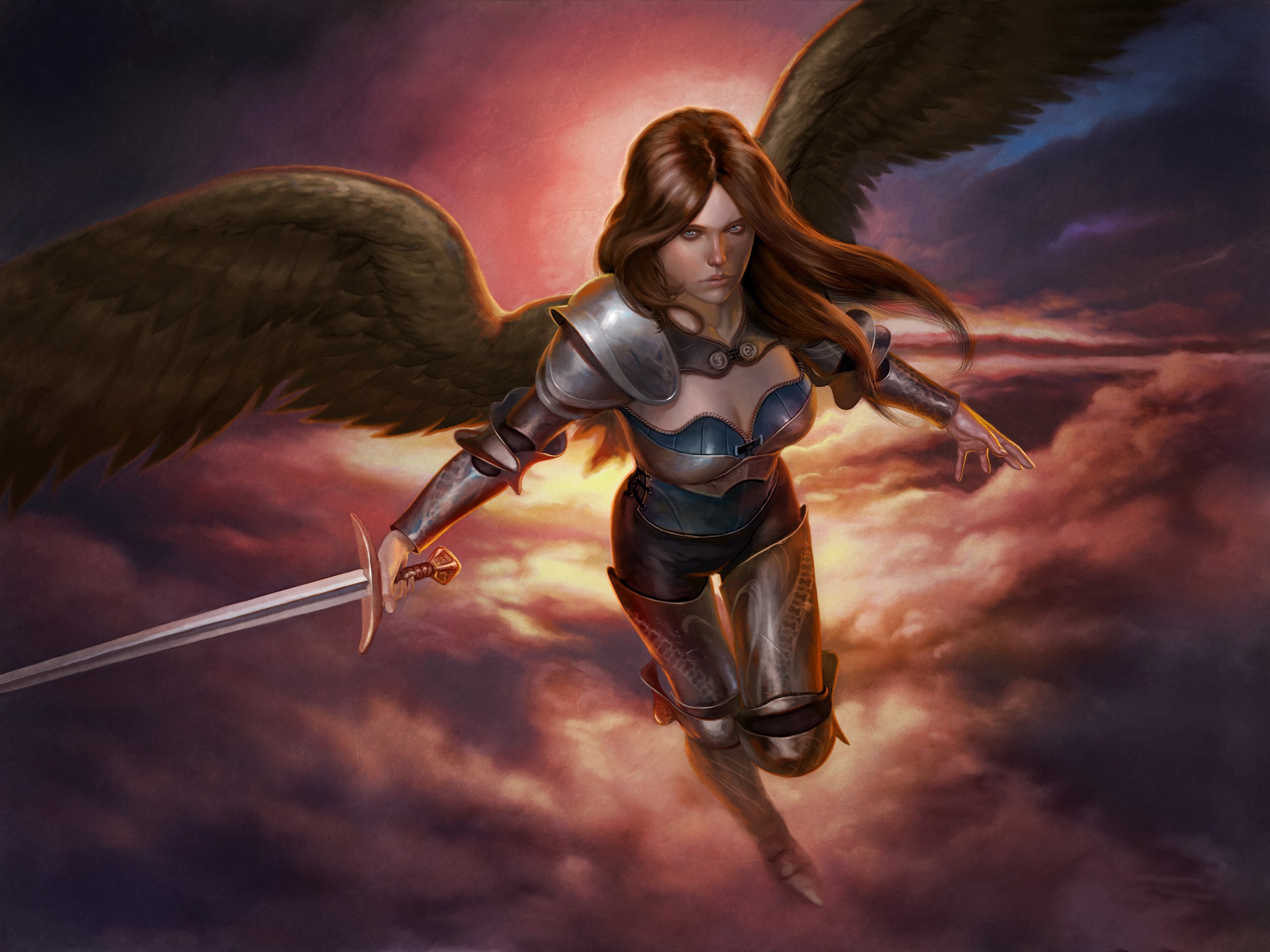 angel, Sword, Armor, Clouds, Wings, Fantasy, Warrior Wallpaper