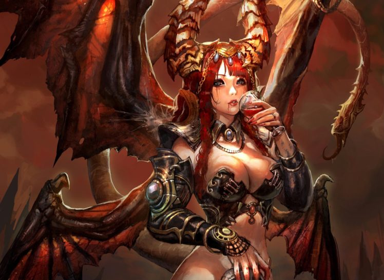 supernatural, Beings, Demon, Wings, Horns, Breast, Fantasy, Girls HD Wallpaper Desktop Background