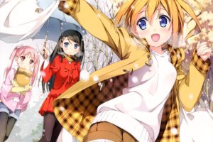 brunettes, Blondes, Winter, Snow, Trees, Blue, Eyes, Long, Hair, Outdoors, Stairways, Pantyhose, Pink, Hair, Short, Hair, Twintails, Smiling, Blush, Bows, Sisters, Hoodies, Open, Mouth, Shorts, Umbrellas, Scarfs