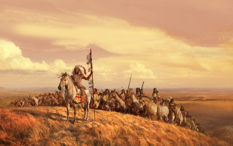 paintings, Landscapes, Valleys, Horses, Indians, Artwork, Spears, Skyscapes, Leader, Tribes HD Wallpaper Desktop Background