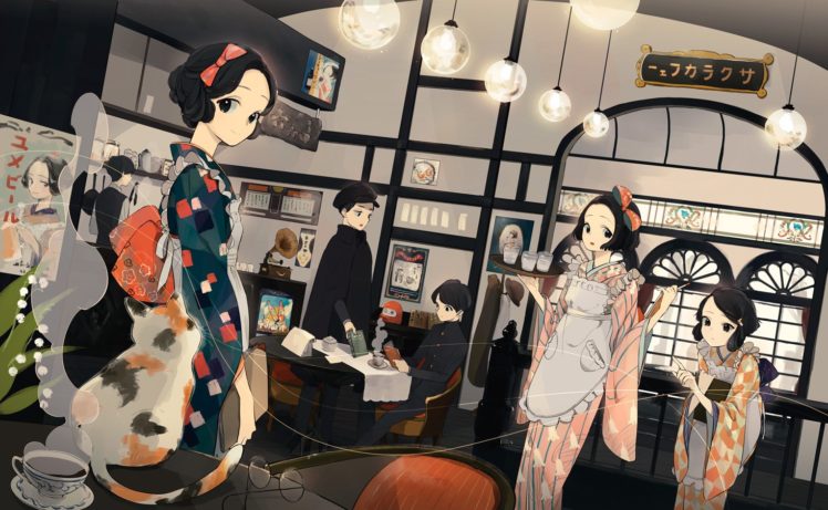 animal, Apron, Black, Hair, Bow, Cat, Glasses, Japanese, Clothes, Kimono, Original, Short, Hair, Toinana HD Wallpaper Desktop Background