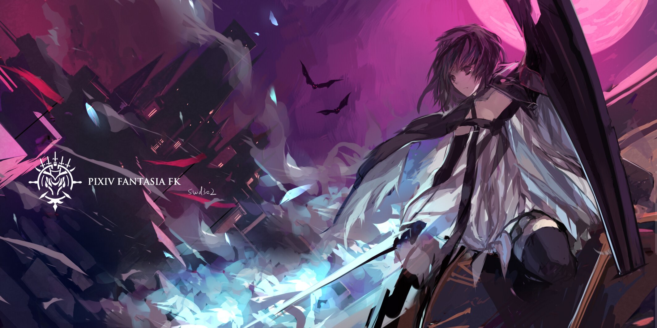 animal, Bat, Black, Hair, Cape, Dress, Pink, Eyes, Pixiv, Fantasia, Short, Hair, Swd3e2, Sword, Thighhighs, Weapon Wallpaper