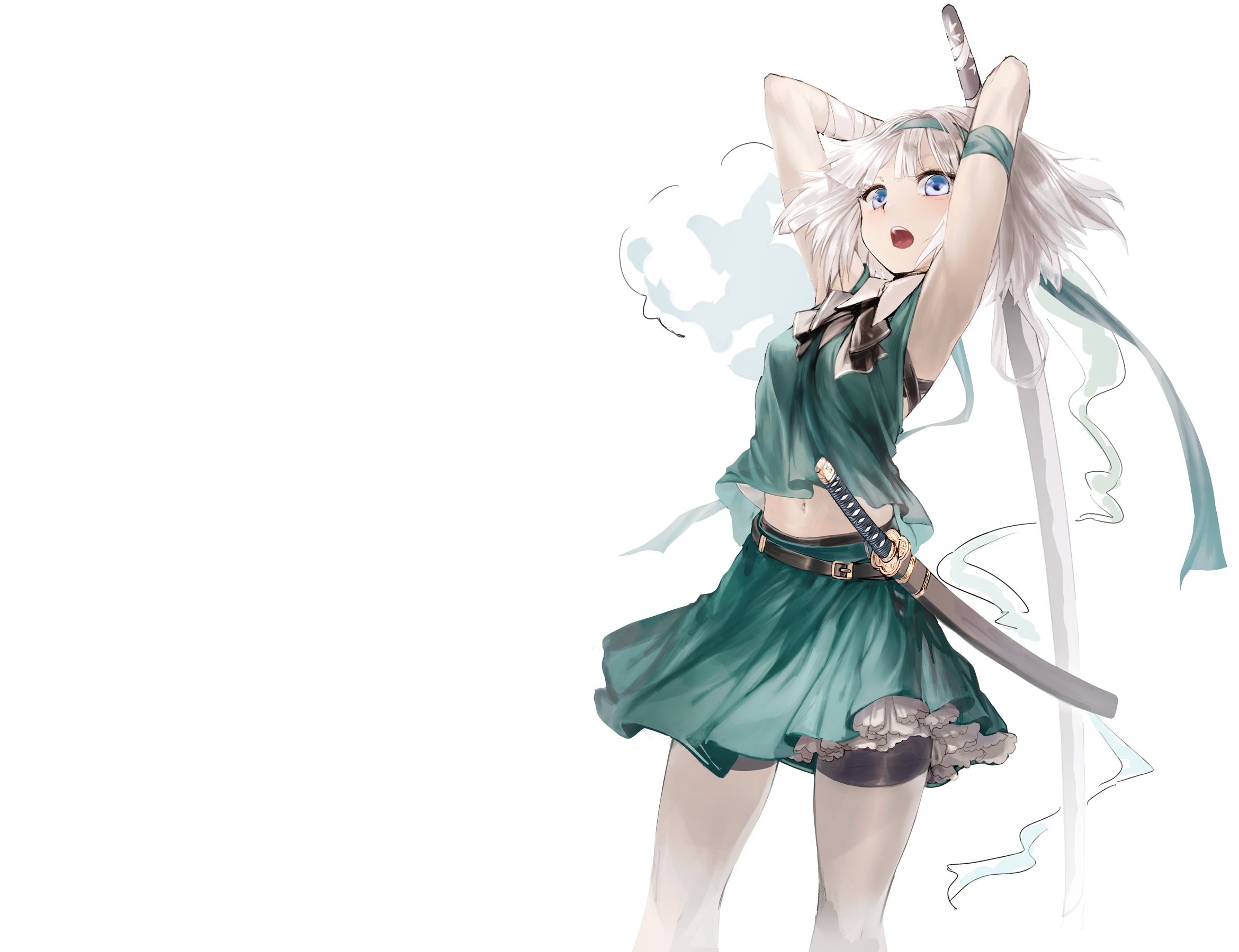 Bandage Blue Eyes Geppewi Headband Katana Konpaku Youmu Myon Navel Short Hair Skirt