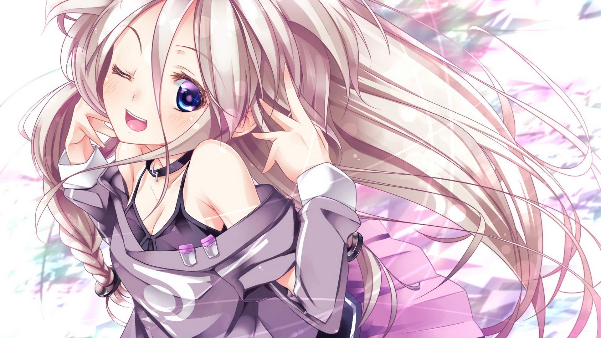 vocaloid, Dress, Skirts, Long, Hair, Pink, Hair, Open, Mouth, Purple, Eyes, Simple, Background, Anime, Girls, Upscaled Wallpaper