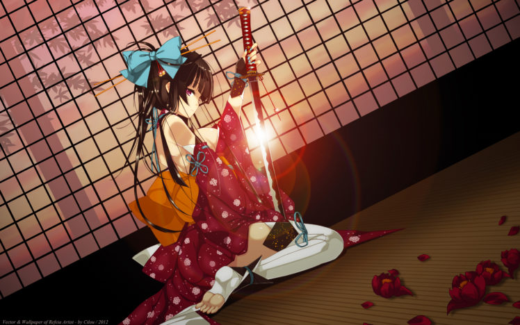 refeia, Original, Girl, Warriors, Asian, Oriental, Weapons, Sword, Katana, Kimono HD Wallpaper Desktop Background