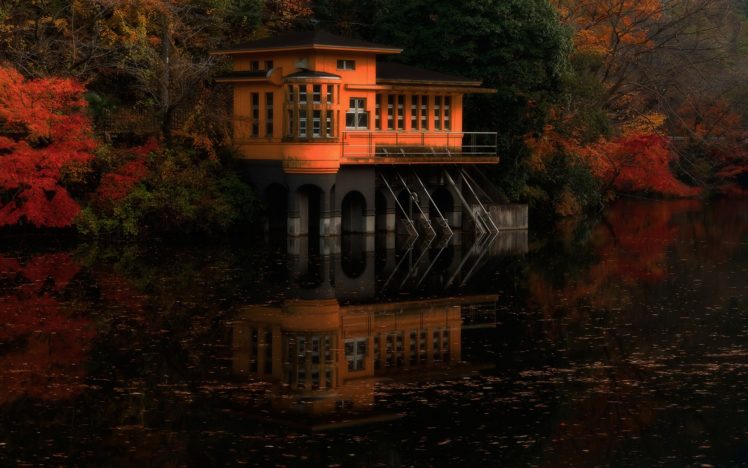 japan, Landscapes, Lakes, Garden, House, Sunset, Sunrise, Autumn, Fall, Trees HD Wallpaper Desktop Background