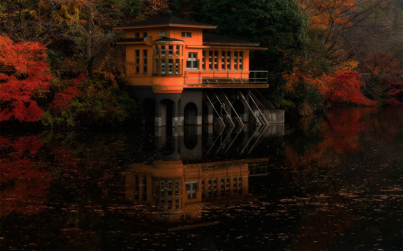 japan, Landscapes, Lakes, Garden, House, Sunset, Sunrise, Autumn, Fall, Trees Wallpaper