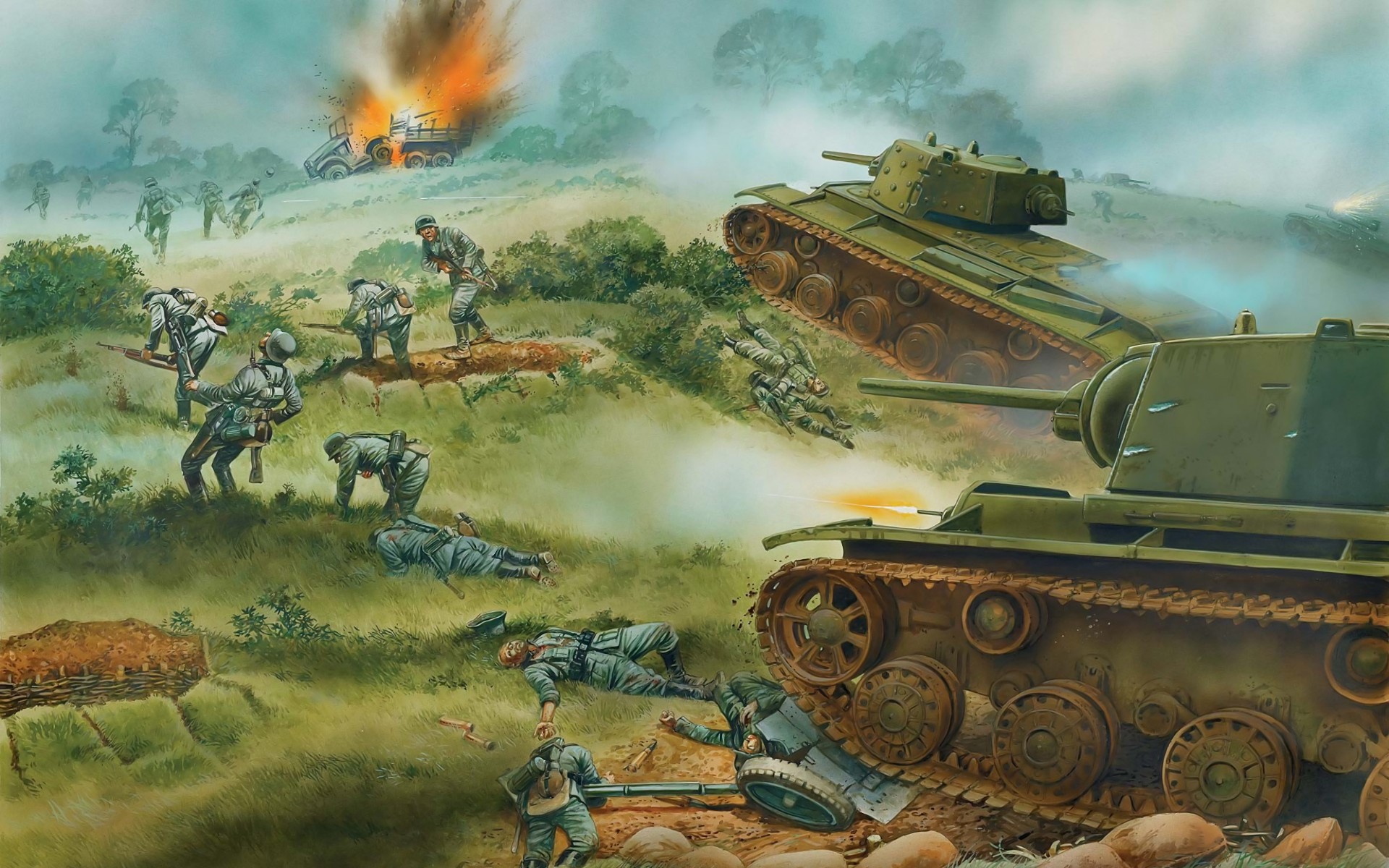art, Painting, Battle, War, Warriors, Soldiers, Tanks, Landscapes Wallpaper