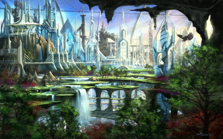 fantasy, Art, Cities, Waterfalls, Nature, Trees HD Wallpaper Desktop Background