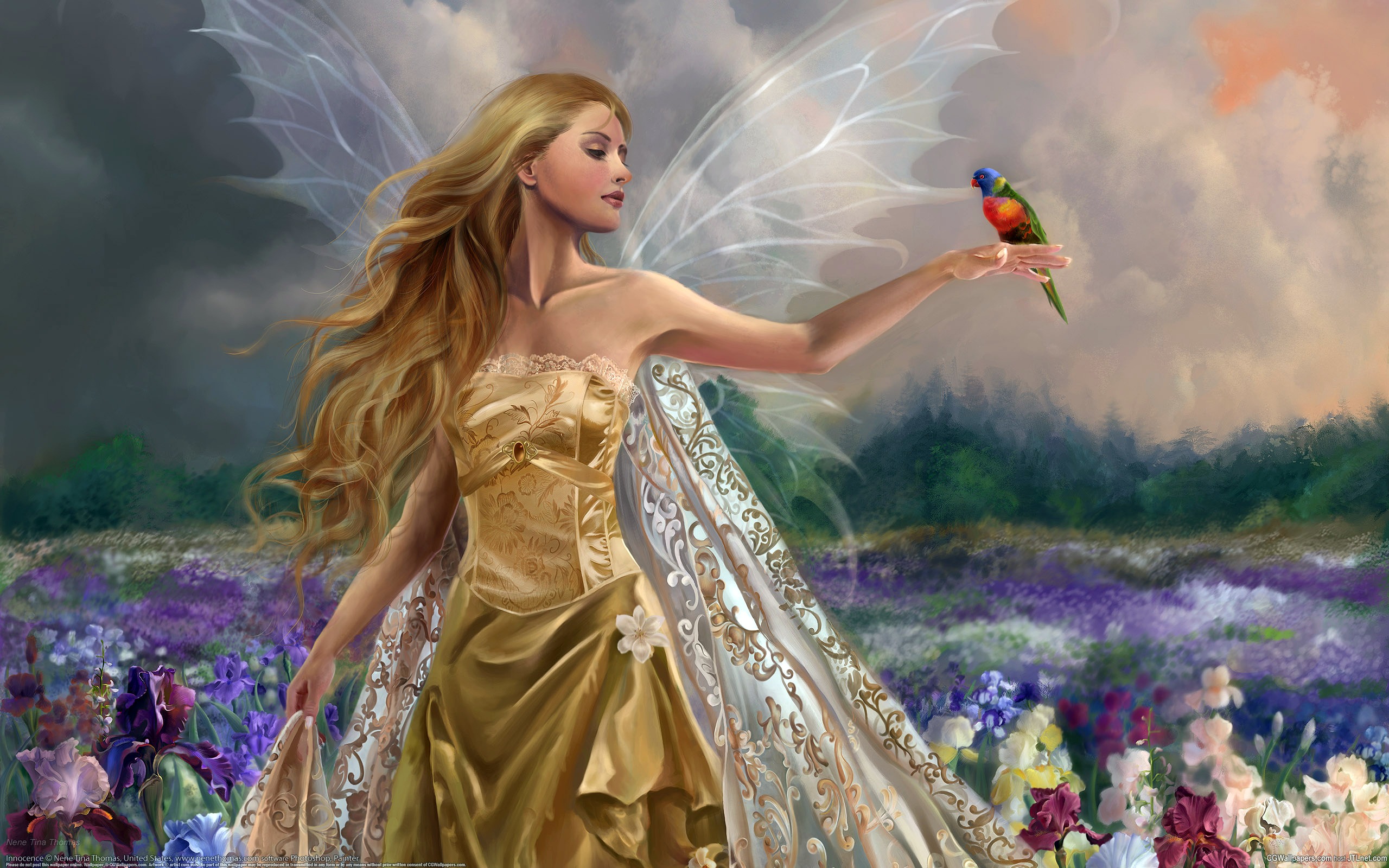 fantasy, Art, Cg, Digital, Fairy, Wings, Women, Blondes, Babes, Landscapes, Fields, Flowers, Bird Wallpaper