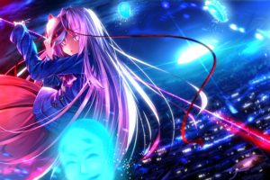 video, Games, Clouds, Touhou, Night, Flying, Moon, Skirts, Long, Hair, Ribbons, Weapons, Oni, Purple, Hair, Pink, Hair, Glowing, Masks, Scenic, Shirts, Open, Mouth, Pink, Eyes, Anime, Girls, Glowing, Eyes, Polea