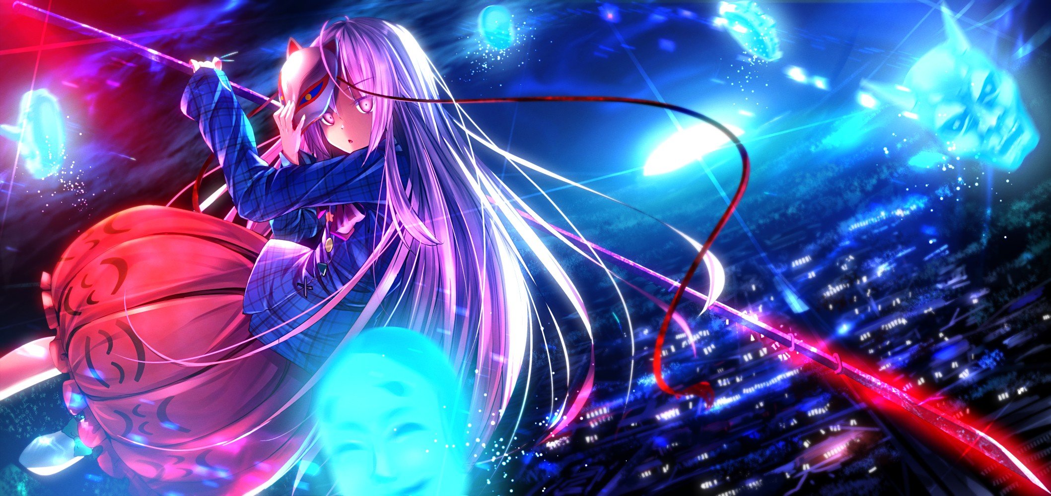 video, Games, Clouds, Touhou, Night, Flying, Moon, Skirts, Long, Hair, Ribbons, Weapons, Oni, Purple, Hair, Pink, Hair, Glowing, Masks, Scenic, Shirts, Open, Mouth, Pink, Eyes, Anime, Girls, Glowing, Eyes, Polea Wallpaper