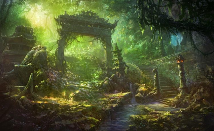 fantasy, Art, Temple, Trees, Forest, Jungle, Landscapes, Decay, Ruins HD Wallpaper Desktop Background