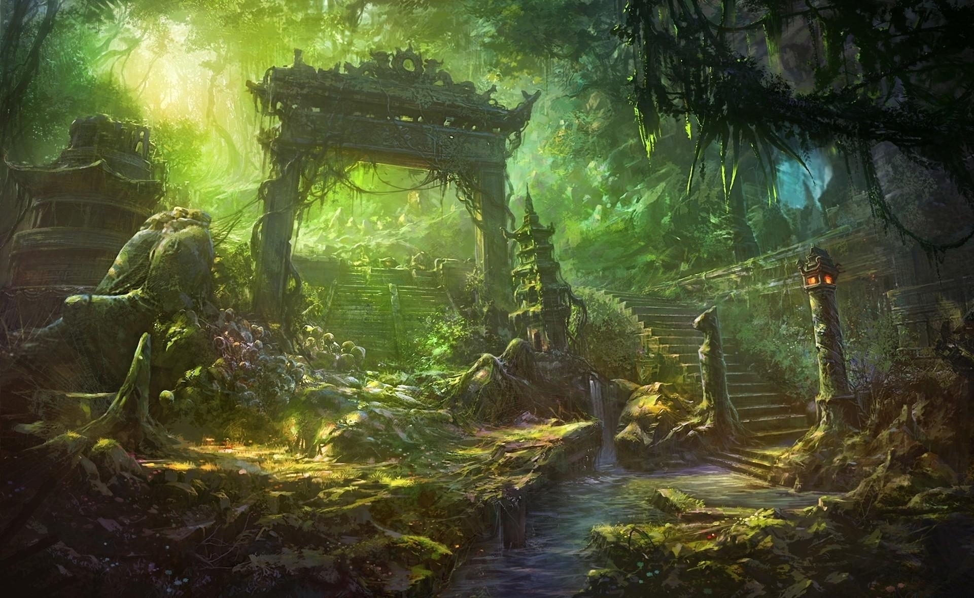 fantasy, Art, Temple, Trees, Forest, Jungle, Landscapes, Decay, Ruins Wallpaper