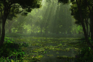 cg, Digital, Art, Lakes, Swamp, Landscapes, Sunlight, Filtered, Beam, Rays, Forest