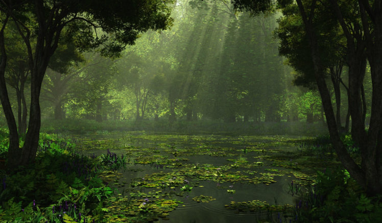 cg, Digital, Art, Lakes, Swamp, Landscapes, Sunlight, Filtered, Beam, Rays, Forest HD Wallpaper Desktop Background