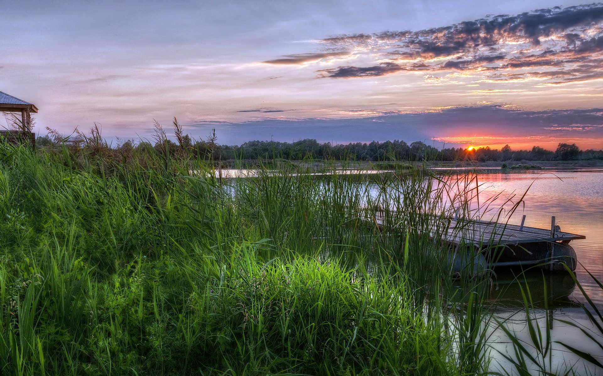 lake, Sunset, Gras, Pier Wallpaper