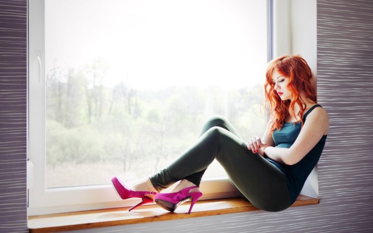 women, Redheads, Window, Shoes, High, Heels, Pumps, Window, Panes, Tight, Pants, Tight, Clothing, Pink, Shoes, Red, Lips, Red, Lipstick HD Wallpaper Desktop Background