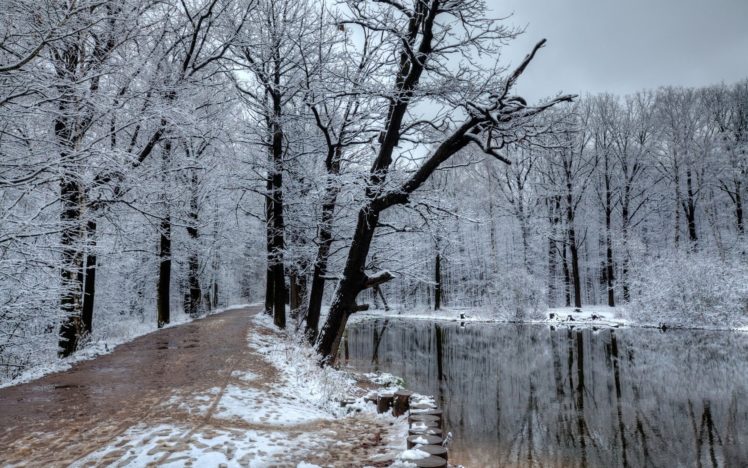 water, Nature, Winter, Snow, Streams, Roads HD Wallpaper Desktop Background