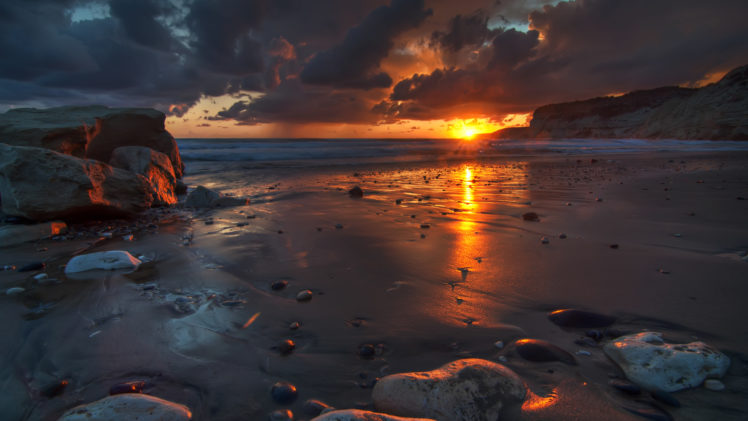 landscapes, Ocean, Sea, Waves, Sand, Coast, Shore, Sunset, Sunrise, Sky, Clouds HD Wallpaper Desktop Background