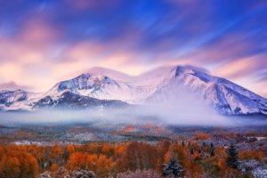 autumn, Mountains, Snow, Morning, Sky, Forest